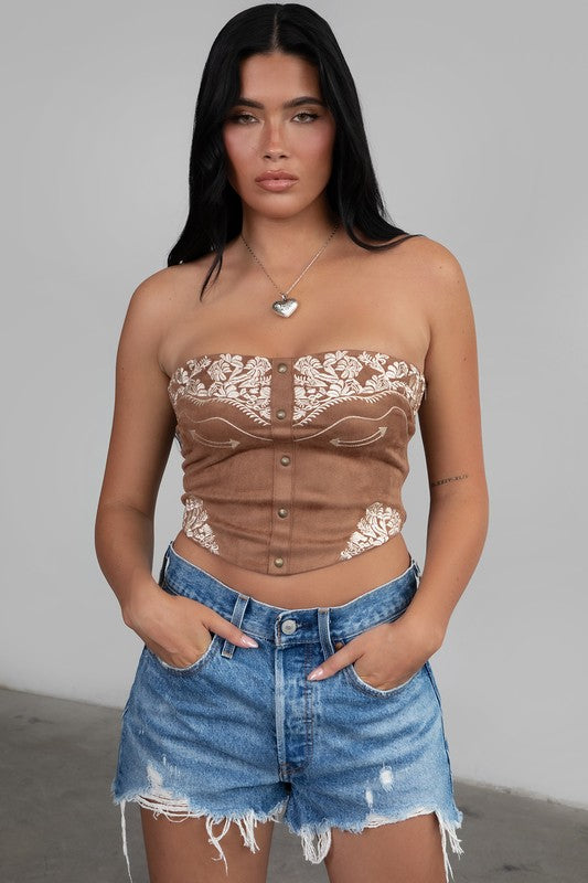 Montana Embroidered Suede Bustier Top