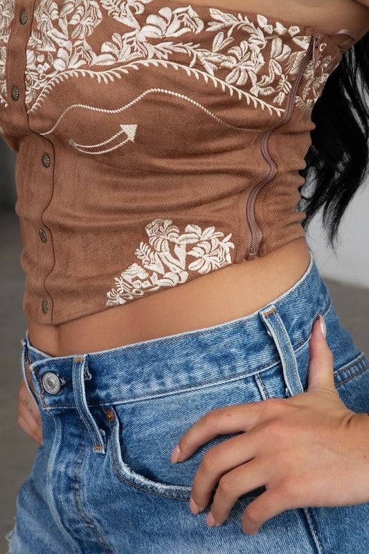 Montana Embroidered Suede Bustier Top